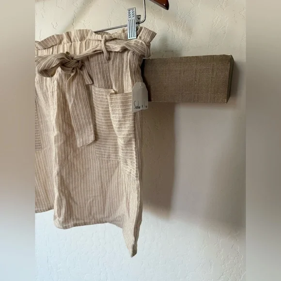 Sadie & Love|Beige Striped Paperbag Waist Skirt,neutral lightweigh,cotton linen - Picture 5 of 11